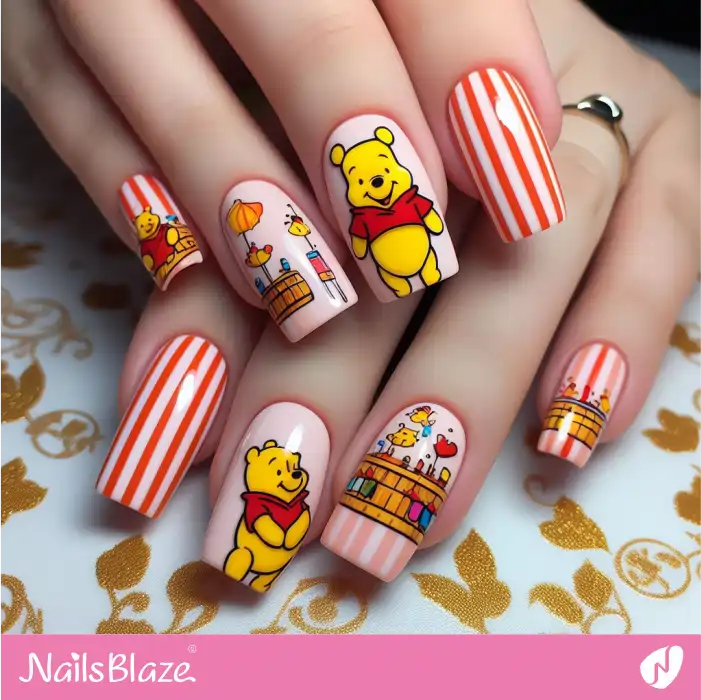 Striped Design Winnie the Pooh Nails | Cartoon Nails - NB1697